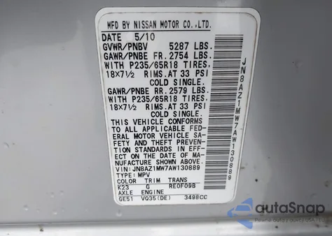 2010 Nissan Murano Sl из США, поврежденный, VIN JN8AZ1MW7AW130889